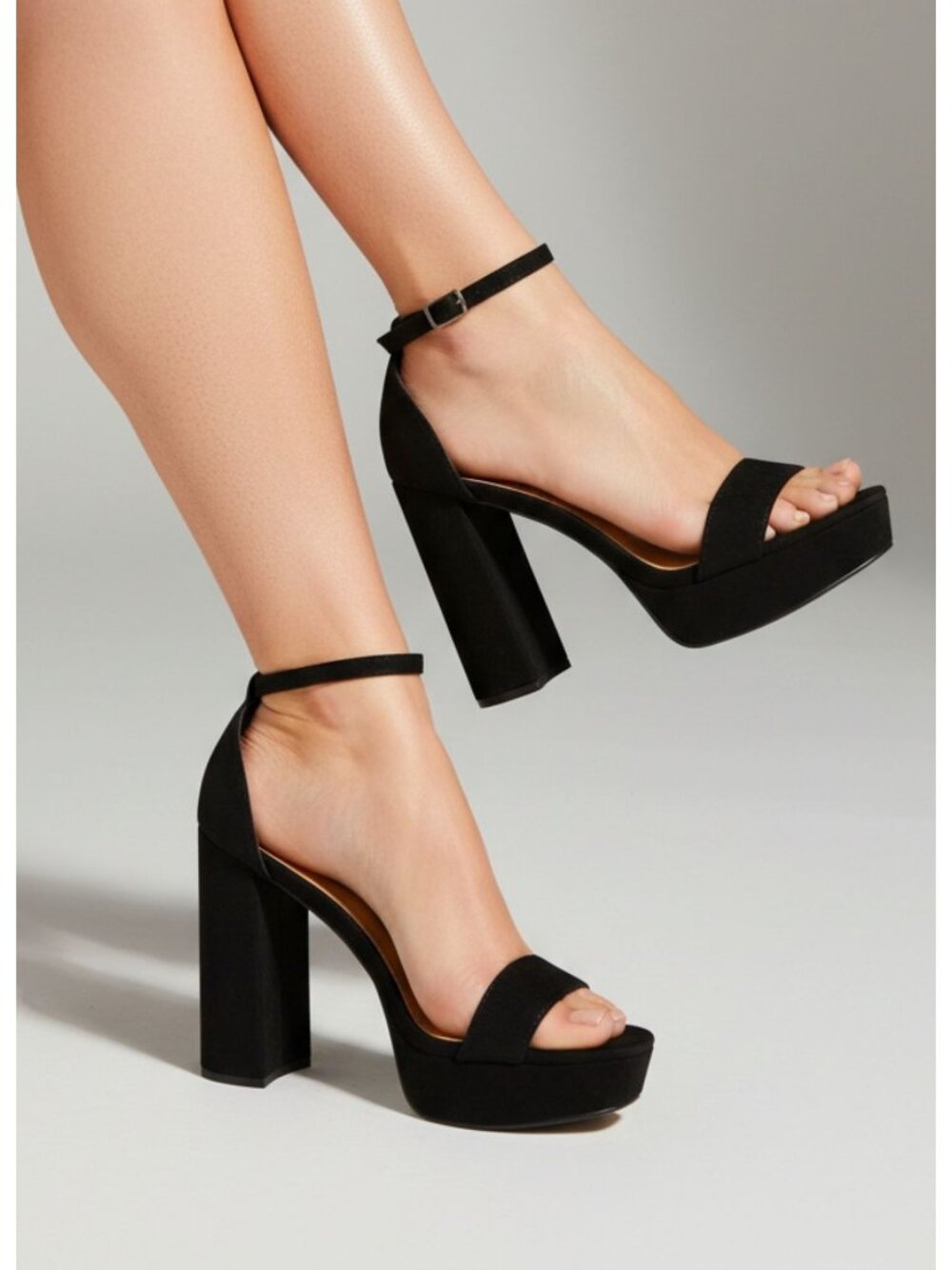 Black Platform Block Heel Sandals With Adjustable Ankle Strap For Women